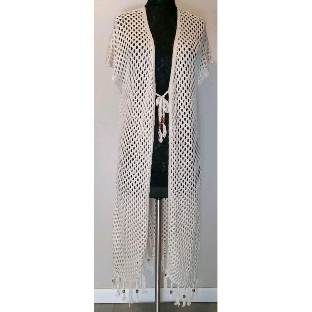 indigo thread co Women Beige Crochet Bead Fringe Cap Sleeve Tie Cardigan Size M